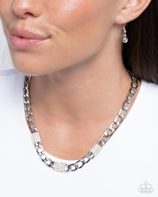 Impressive Independence - White - Rhinestone Silver Curb Chain Paparazzi Short Necklace