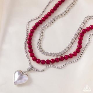 Easy Elevation - Red - Pearl, Silver Curb Chain Heart Pendant Tiered Paparazzi Short Necklace