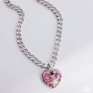 Ardent Affection - Pink - and Iridescent Heart Silver Curb Chain Paparazzi Short Necklace