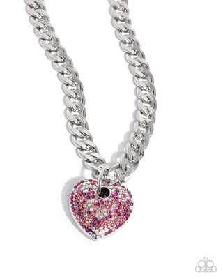 Ardent Affection - Pink - and Iridescent Heart Silver Curb Chain Paparazzi Short Necklace