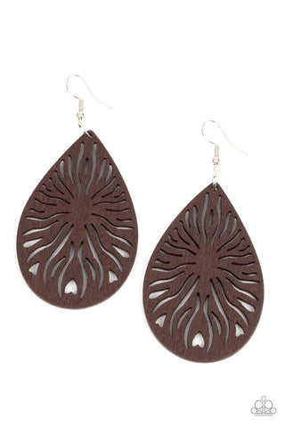 Sunny Incantations - Brown - Wooden Sun Teardrop Paparazzi Fishhook Earrings