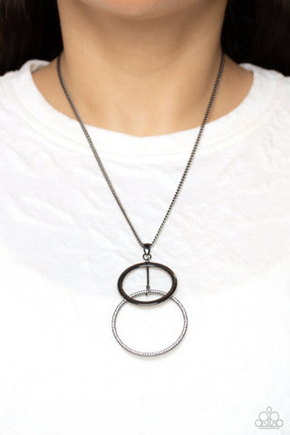 Wishing Well Whimsy - Black - Gunmetal Overlapping Circle Pendant with White Rhinestones Paparazzi Short Necklace