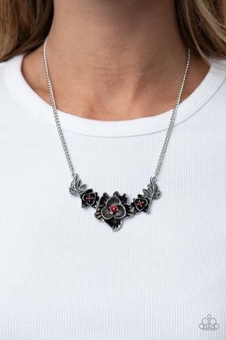 Botanical Breeze - Red - Rhinestone Center Flower Paparazzi Short Necklace