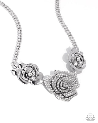 Bouquet Beacon - White - Rhinestone Rose Paparazzi Short Necklace - January 2025 Life of the Party Exclusive