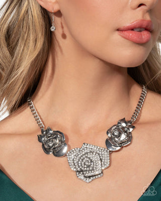 Bouquet Beacon - White - Rhinestone Rose Paparazzi Short Necklace - January 2025 Life of the Party Exclusive