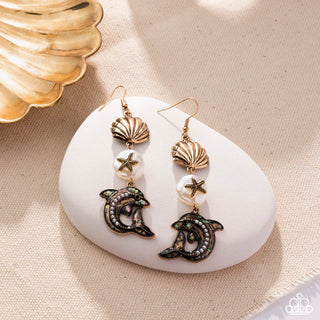 Delightful Dolphin - Gold - Seashell, White Baroque Pearl, Abalone and Pearl Paparazzi Fishhook Earrings - 2025 Empower Me Pink Exclusive