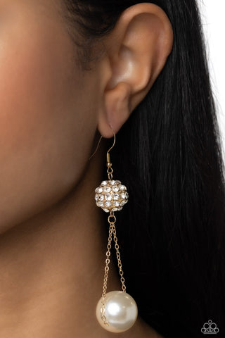 Ballerina Balance - Gold - Oversized Pearl and Rhinestone Encrusted Bead Paparazzi Fishhook Earrings