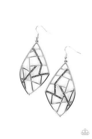 Geo Grid - Silver - Hematite Rhinestone Geometric Paparazzi Fishhook Earrings