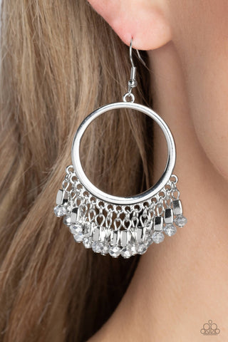 Fringe Fanfare - Silver - Beaded Hoop Paparazzi Fishhook Earrings