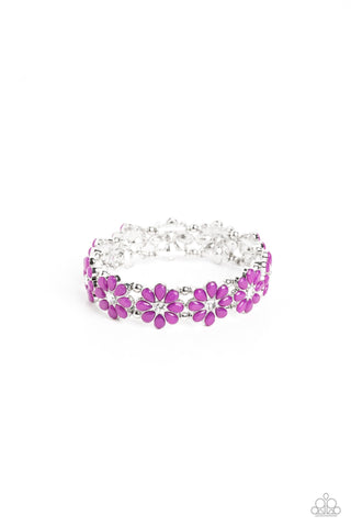 Hawaiian Holiday - Purple - White Rhinestone Center Flower Paparazzi Stretchy Bracelet