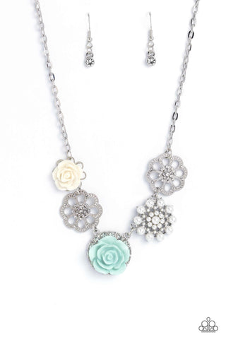 Tea Party Favors - Blue - Resin Rose Flower White Rhinestone Paparazzi Short Necklace