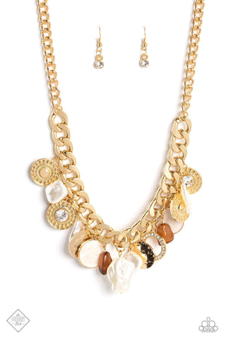 Now SEA Here - Gold - Seashell, Pearl, and Tiger's Eye Paparazzi Necklace - August 2023 Fiercely 5th Avenue