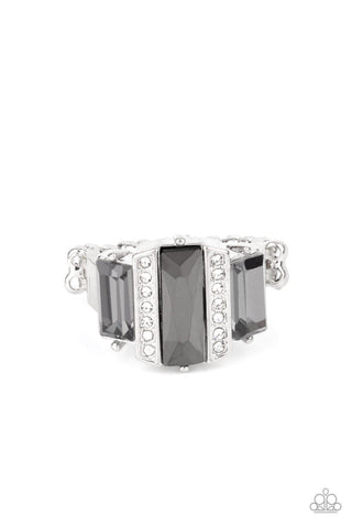 A GLITZY Verdict - Silver - Emerald Cut Hematite Rhinestone Paparazzi Ring