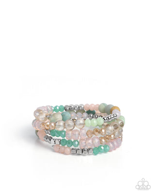 Defaced Delight - Multi - Green and Pink Stone, Silver and Colorful Bead Paparazzi Coil Bracelet - 2025 Empower Me Pink Exclusive