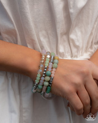 Defaced Delight - Multi - Green and Pink Stone, Silver and Colorful Bead Paparazzi Coil Bracelet - 2025 Empower Me Pink Exclusive