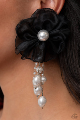 Dripping in Decadence - Black - Pearl Center Netted Flower Paparazzi Post Earrings - September 2023 Life of the Party Exclusive