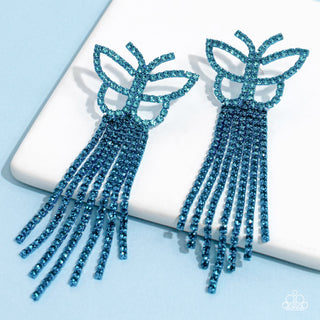 Billowing Butterflies - Blue - Rhinestone Butterfly Tassel Paparazzi Post Earrings - July 2023 Life of the Party Exclusive