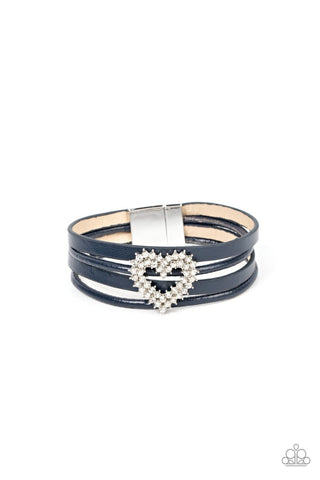 Wildly in Love - Blue - Rhinestone Heart Leather Paparazzi Magnetic Bracelet