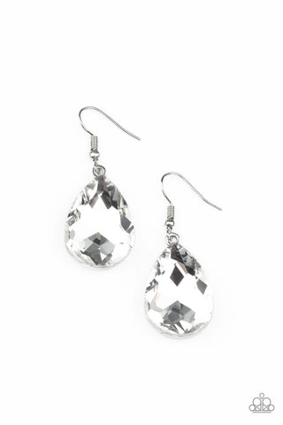 My Castle is Your Castle - White - Oversized Teardrop Hematite Gem Paparazzi Fishhook Earrings