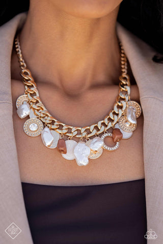 Now SEA Here - Gold - Seashell, Pearl, and Tiger's Eye Paparazzi Necklace - August 2023 Fiercely 5th Avenue