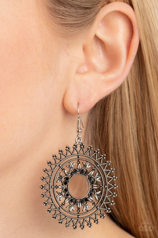 Revel in Radiance - Black - Leafy Frame Rhinestone Center Hoop Paparazzi Fishhook Earrings