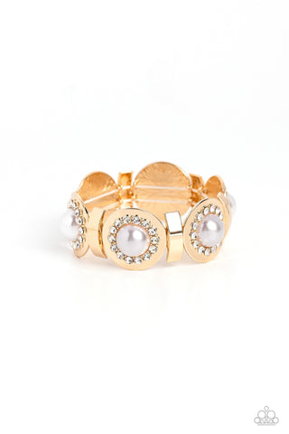 Summer Serenade - Gold - Oversized Pearl and White Rhinestone Paparazzi Stretchy Bracelet