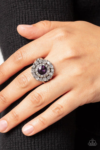 Twinkling Trance - Purple - Round Gem White Rhinestone Halo Paparazzi Dainty Ring