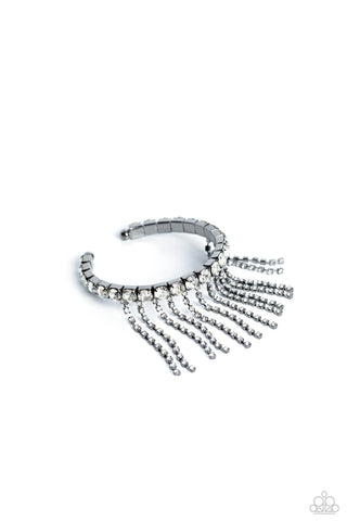 Stardust Shower - Black - White Rhinestone Gunmetal Fringe Paparazzi Cuff Bracelet