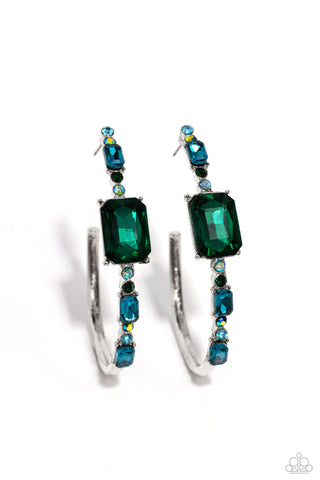 Elite Ensemble - Green - and Blue Gem Paparazzi Hoop Earrings