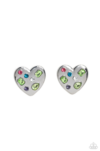 Relationship Ready - Green - Multi-Colored Rhinestone Oversized Heart Paparazzi Post Earrings