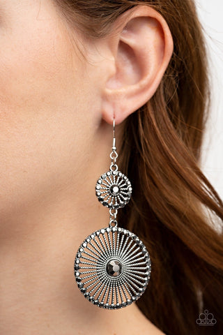 Bring Down the WHEELHOUSE - Silver - Spoke Disc Hematite Rhinestone Paparazzi Fishhook Earrings