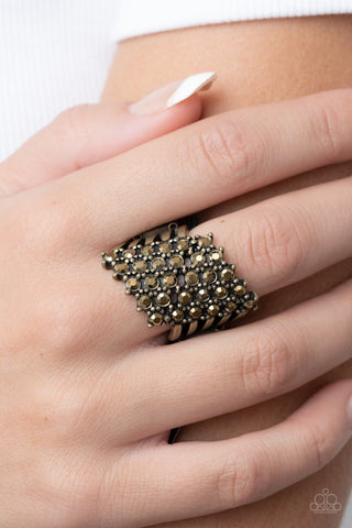 Slanted Smolder - Brass - Rhinestone Paparazzi Ring