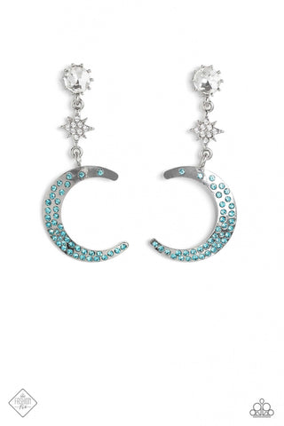 Galactic Grouping - Blue - Rhinestone Encrusted Moon Paparazzi Post Earrings - August 2023 Sunset Sightings