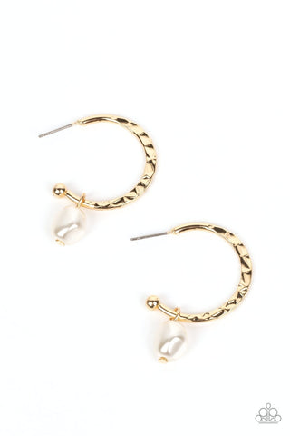 GLAM Overboard - Gold - White Pearl Paparazzi Drop Hoop Earrings