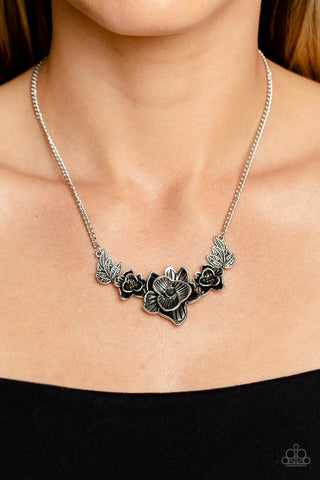 Botanical Breeze - Silver - Hematite Rhinestone Center Flower Paparazzi Short Necklace