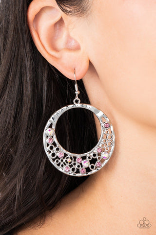 Enchanted Effervescence - Purple - Iridescent Rhinestone Hammered Silver Hoop Paparazzi Fishhook Earrings