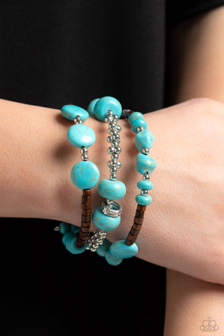 Operation Outdoors - Blue - Turquoise Stone Brown Wooden Bead Paparazzi Flex Cuff Bracelet