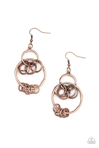 Rebel Ringer - Copper - Interconnecting Hoops Paparazzi Fishhook Earrings