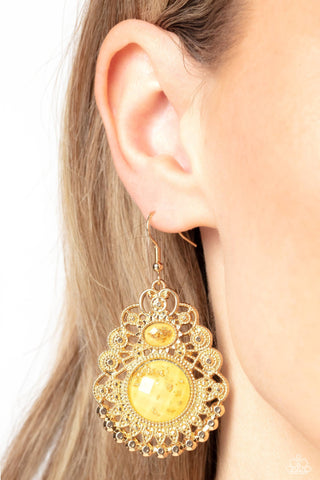 Welcoming Whimsy - Yellow - Gold Foil Flecked Bead Filigree Paparazzi Fishhook Earrings