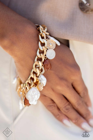 SEA for Yourself - Gold - Seashell, Pearl, Tiger's Eye Paparazzi Lobster Claw Bracelet - August 2023 Fiercely 5th Avenue