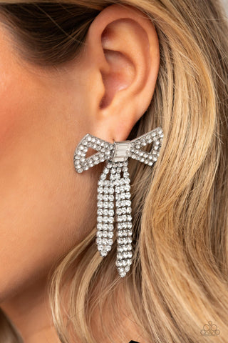 Just BOW With It - White - Oversized Rhinestone Bow Paparazzi Post Earrings - August 2023 Life of the Party Exclusive