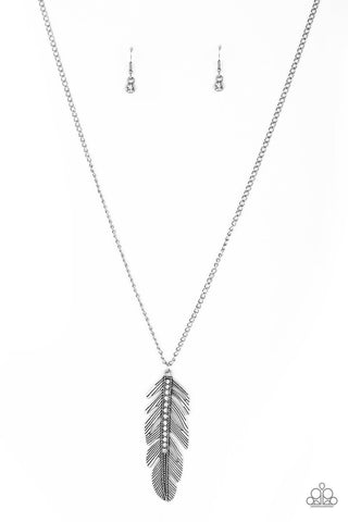 Sky Quest - White - Rhinestone Center Feather Paparazzi Long Necklace