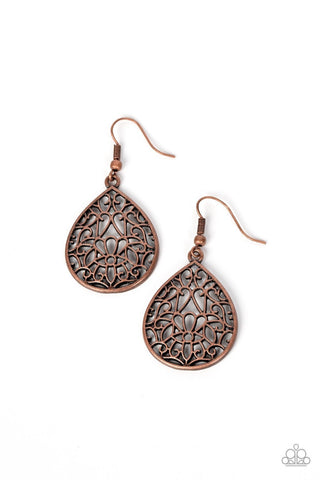 Valley Estate - Copper - Floral Filigree Teardrop Frame Paparazzi Fishhook Earrings