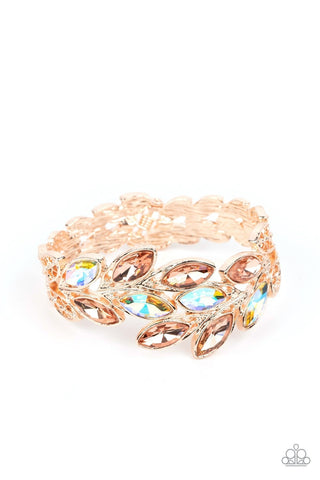 Luminous Laurels - Rose Gold - Iridescent Marquise Cut Rhinestone Paparazzi Hinge Bracelet - July 2023 Life of the Party Exclusive