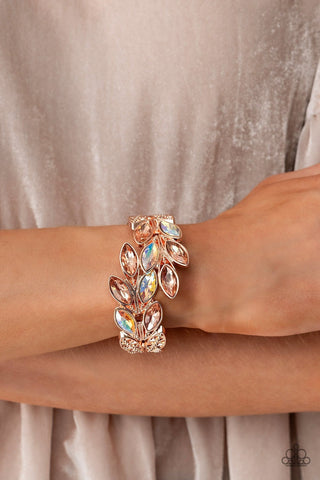 Luminous Laurels - Rose Gold - Iridescent Marquise Cut Rhinestone Paparazzi Hinge Bracelet - July 2023 Life of the Party Exclusive