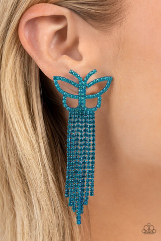 Billowing Butterflies - Blue - Rhinestone Butterfly Tassel Paparazzi Post Earrings - July 2023 Life of the Party Exclusive