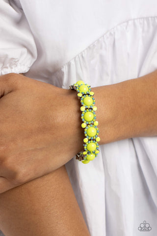 Pop Art Party - Green - and Turquoise Bead Flower Paparazzi Stretchy Bracelet