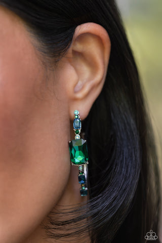 Elite Ensemble - Green - and Blue Gem Paparazzi Hoop Earrings