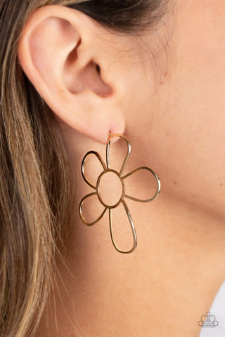 Rustic Rarity - Gold - Asymmetrical Flower Paparazzi Post Earrings