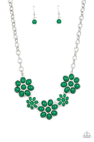 Flamboyantly Flowering - Green - Beaded Flower Petal Paparazzi Short Necklace